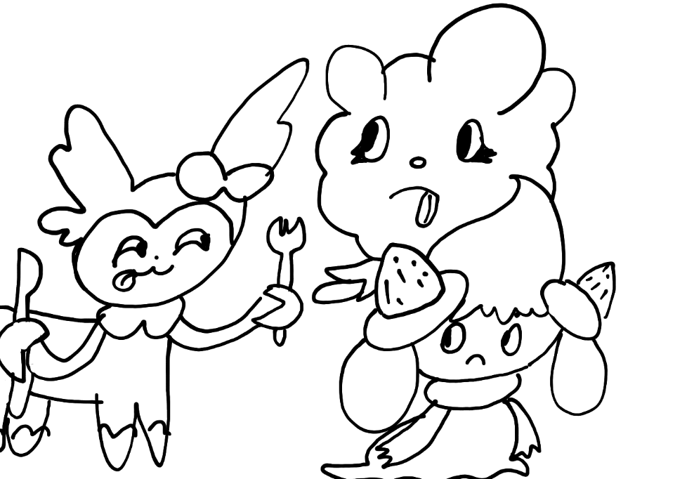 Sylveon attepting to eat Swirlix and Alcremie