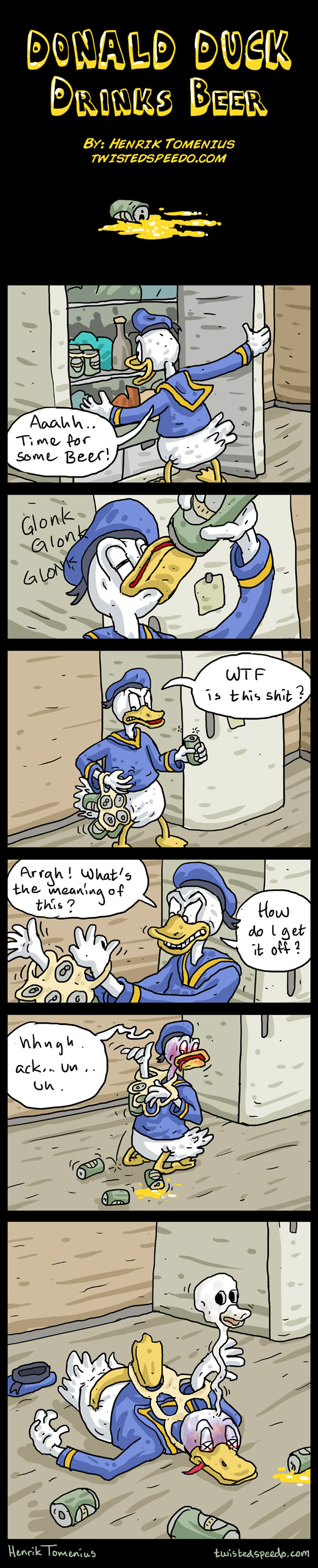 Donald Duck drinks beer