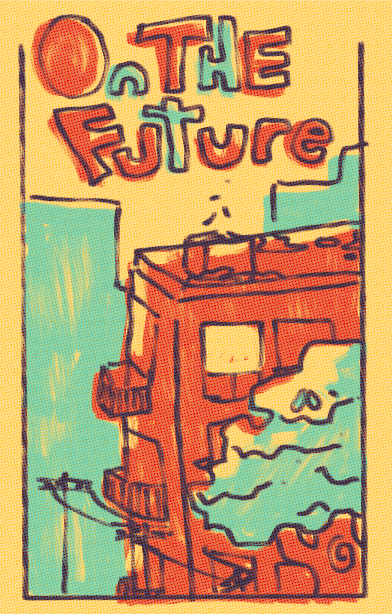 The cover of On The Future. it depicts an apartment block, with several less detailed ones behind it. it has trees in front of it, and a power line going along.